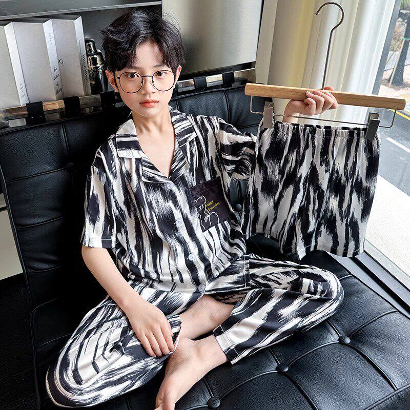 法国Uamtor男童睡衣夏季2025新款家居服中大童男孩薄款冰丝三件套