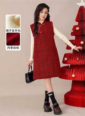 英国next ttat女童国风套装裙冬季儿童新年红色连衣裙女孩公主裙