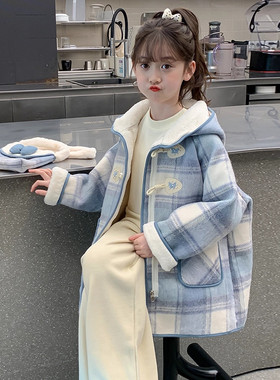 英国next ttat女童毛呢外套秋冬洋气儿童加绒大童连帽厚呢子大衣