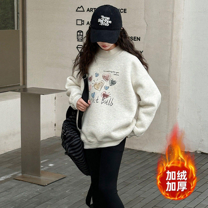法国轻奢潮童女童加绒加厚卫衣秋冬2025新款保暖上衣初中生打底衫