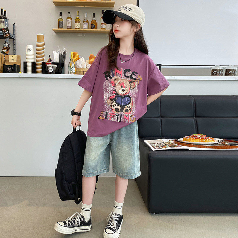 英国MDCW女童短袖t恤2026新款洋气儿童夏装卡通半袖大童套装