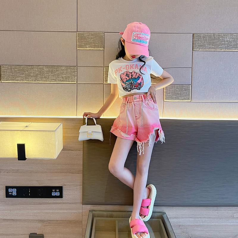 女童牛仔短裤夏季2025新款洋气儿童裤子多巴胺穿搭女大童短袖套装