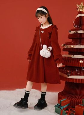 英国next ttat女童小香风拜年服春节儿童本命年红色灯芯绒连衣裙