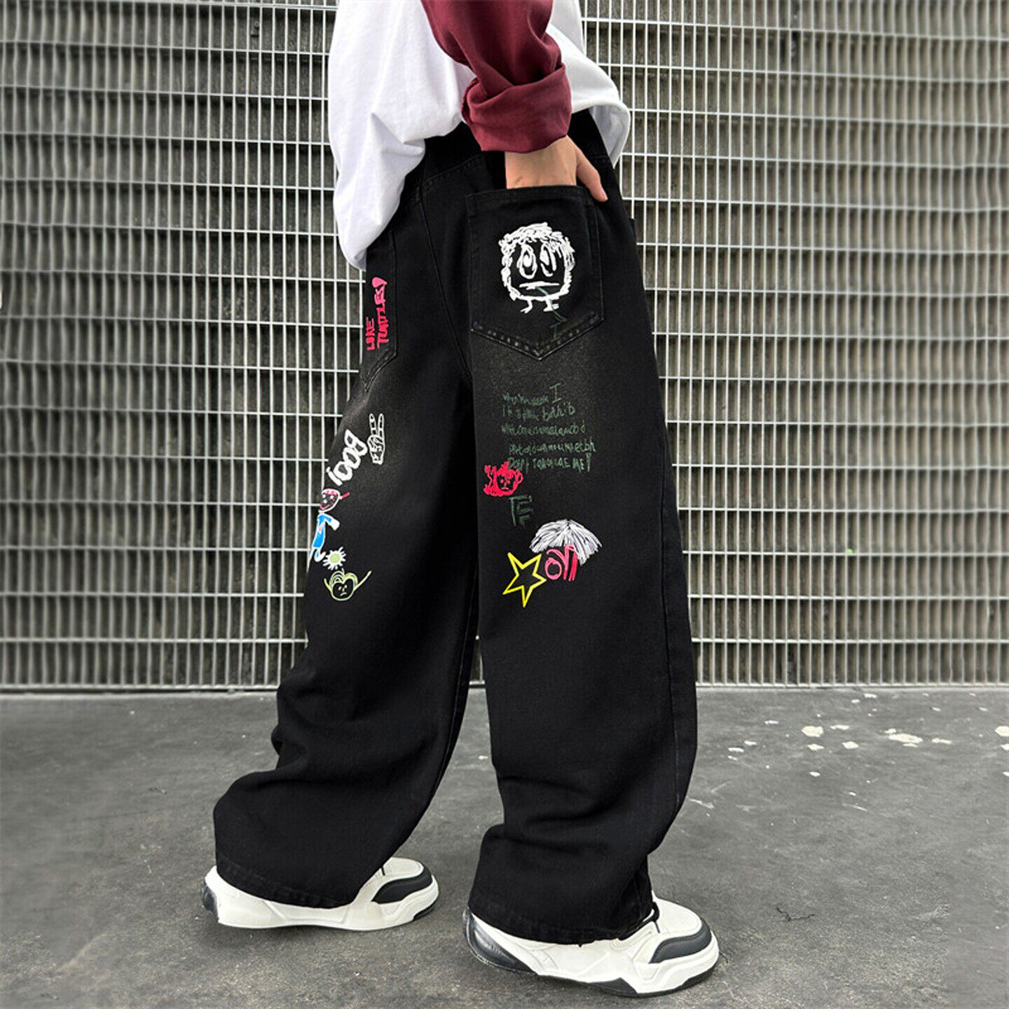 法国BADNUT男童裤子春秋2026新款儿童黑色卡通中大童宽松牛仔长裤