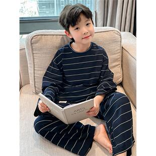 韩国男童纯棉睡衣春秋长袖2025儿童春款家居服条纹网红夏季空调服