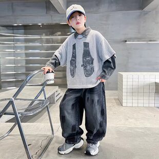 法国Uamtor男童春季套装2026新款中大童男孩儿童假两件卫衣痞帅风