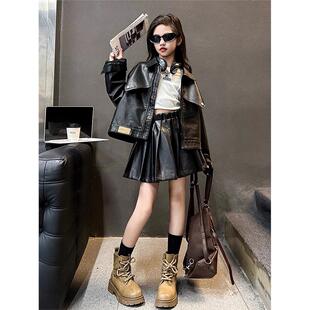 韩系儿童英伦风潮酷夹克两件套 春秋款 Fad Sincgo女童皮衣短裙套装