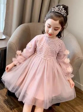 英国next ttat女童秋冬季加绒连衣裙2025儿童洋气蕾丝花边公主裙