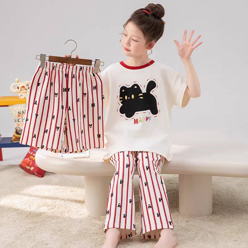 法国Uamtor女童睡衣三件套夏季新款纯棉短袖薄款小女孩卡通家居服