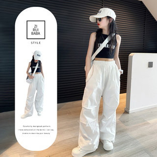 女童裤子夏装薄款2025新款儿童夏季速干裤大童女孩白色工装裤套装