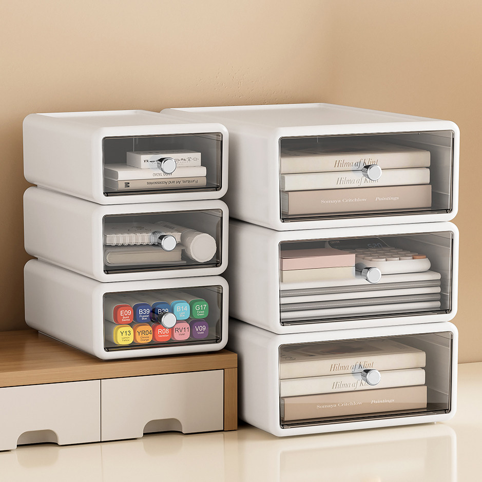 桌面收纳盒大容量可叠加文具杂物抽屉收纳盒办公室工位透明收纳盒