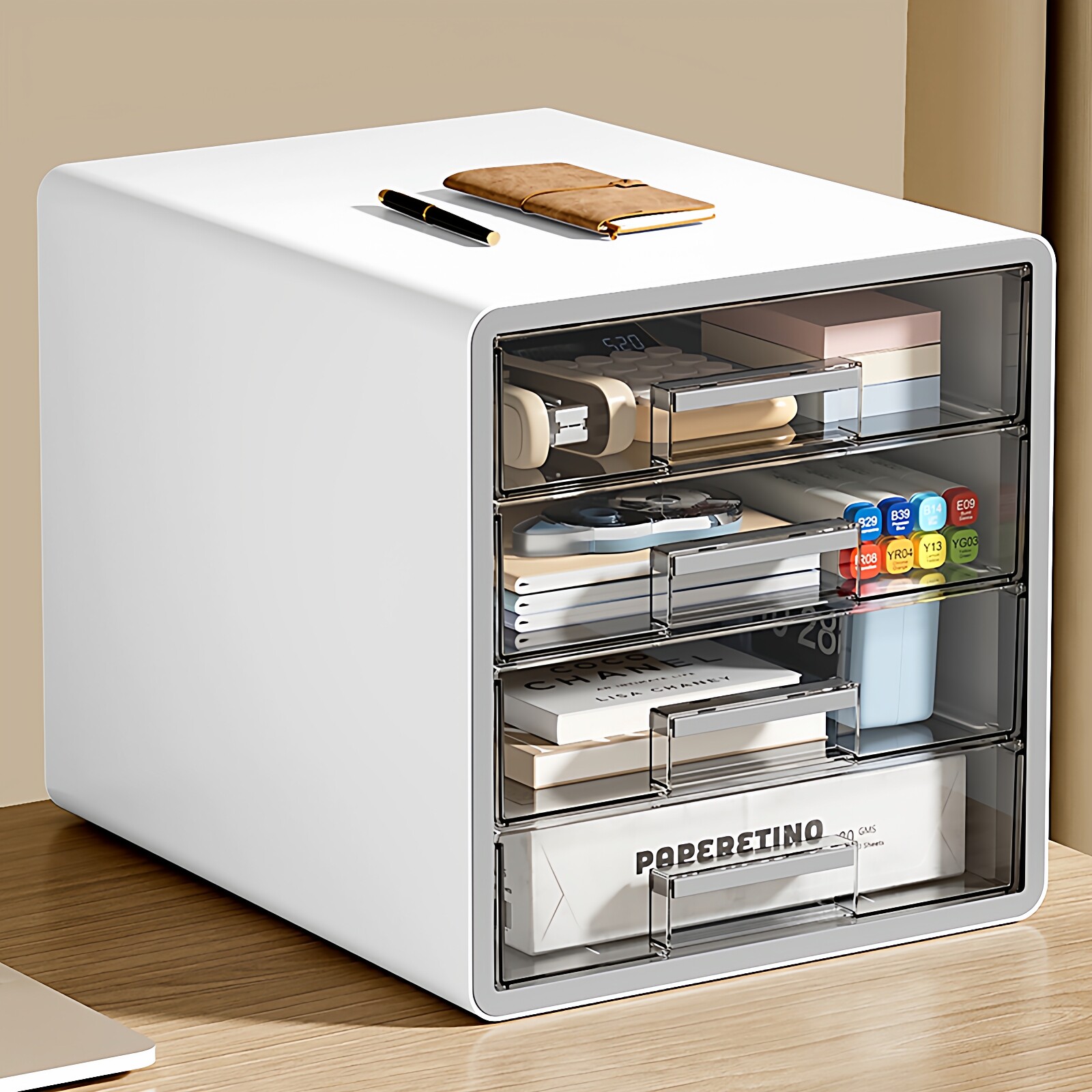 抽屉式透明桌面收纳盒工位A4文件置物架办公桌上四层整理收纳柜子