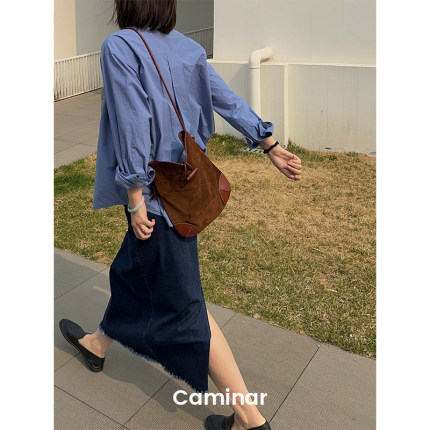 Caminar 24SS 「复古靛蓝」薄款牛仔半裙柔软高弹毛边后开叉春夏