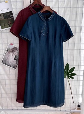 桑蚕丝 新款娃娃脸刺绣复古宽松真丝短袖连衣裙85C3/63407