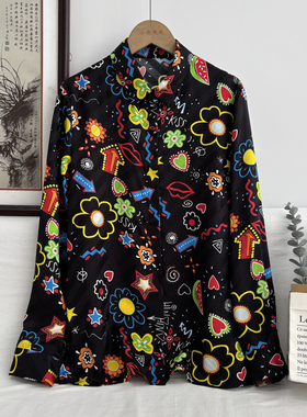 桑蚕丝 新款翻领印花通勤百搭长袖真丝衬衫4D4/85206