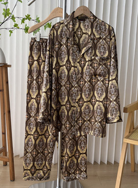 桑蚕丝老公款 夏装复古花纹翻领居家真丝素绉缎套装12A4/75418