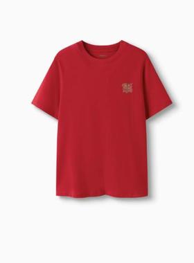 儿童T恤2025新款男童短袖新年红色女童打底衫舒适