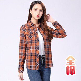 外套2025年打底衫 女装 韩版 春秋装 衬衣修身 全棉格子衬衫 长袖 上衣 码
