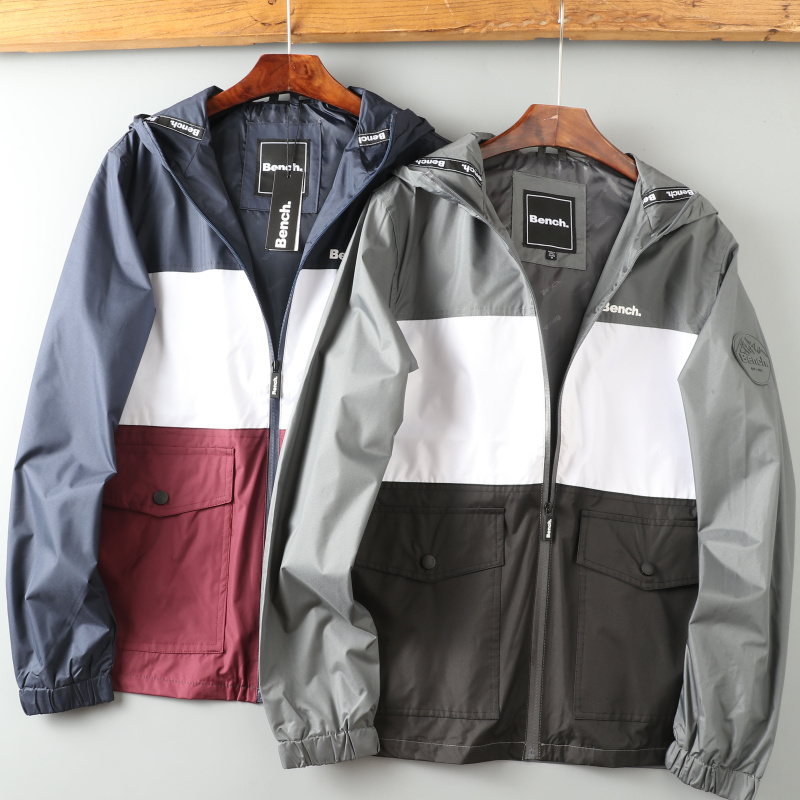 男休闲夹克时尚拼色连帽冲锋外套