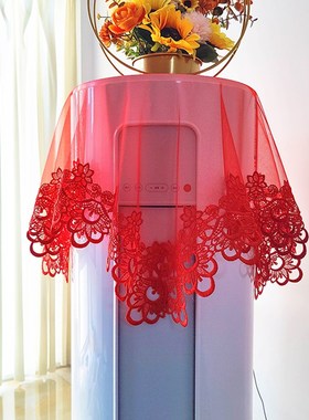大红色喜b庆圆柱形客厅空调防尘罩结婚庆蕾丝立柜式落地万能盖巾