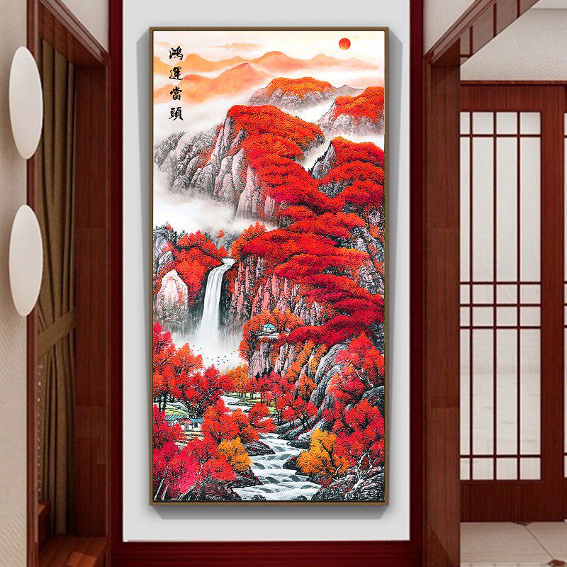 人工绣好的十字绣成品鸿运当头流水生财新款客厅玄关W竖版风景挂