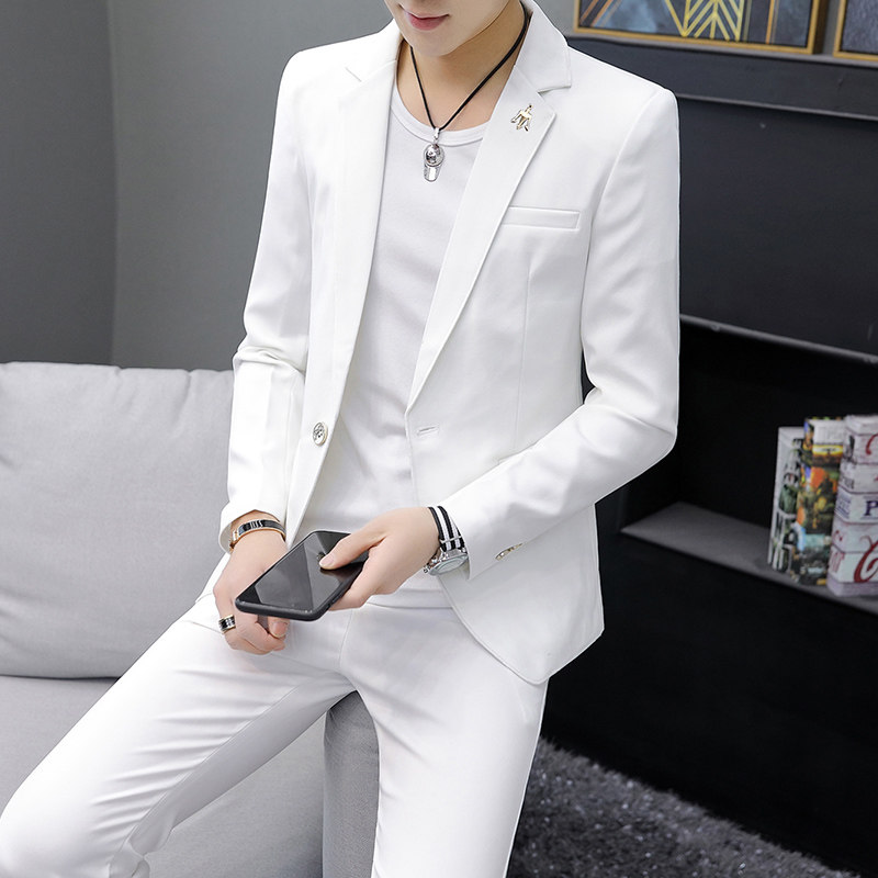PURE WHITE SUIT SUIT MENS SMALL SUIT HANDSOME JACKET CASUAL TROUSERS DRESS A TWO-PIECE SET
