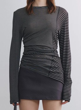 LAUGH OUT LOUD黑色条纹拼接收腰斜摆设计长袖T恤25春夏新品