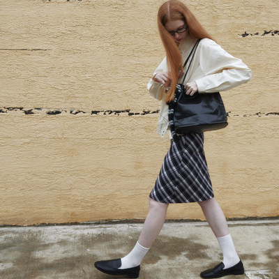 LAUGH OUT LOUD 定制格纹帆布斜裁黑白格纹低腰直筒半身裙25秋新