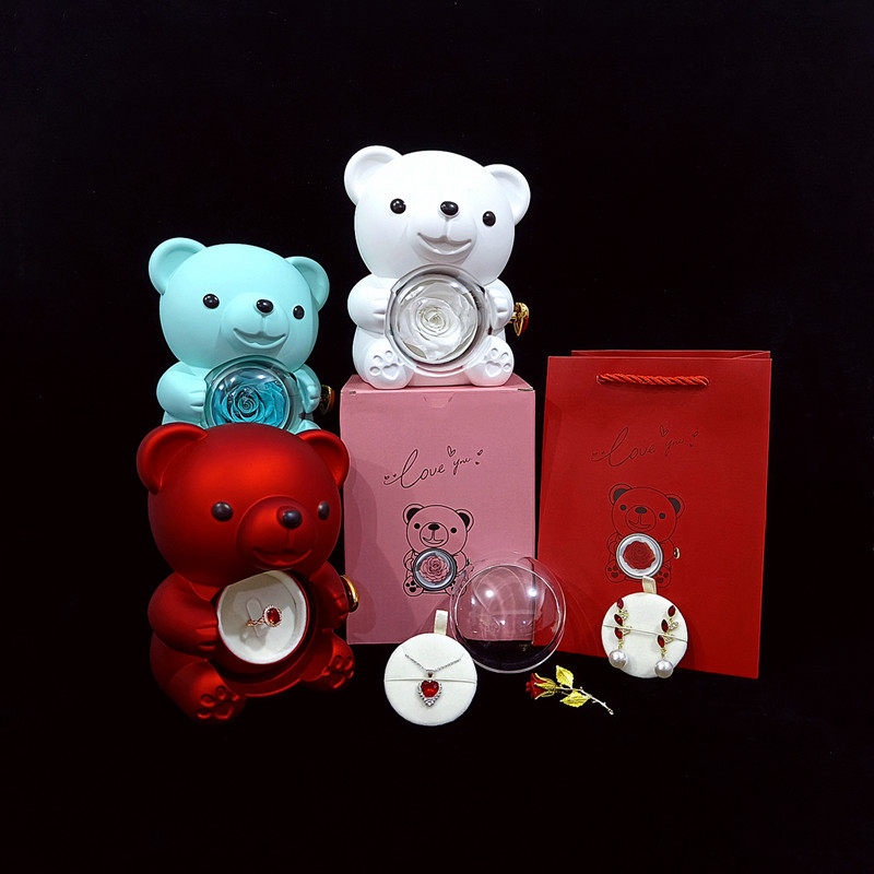 圣诞告白可爱抱抱熊永生花戒指盒求婚可旋转表白礼物项链盒送女友