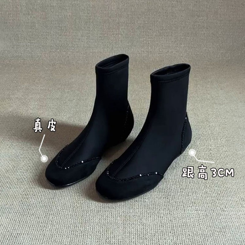 牛皮版~法式复古小众拼接弹力瘦瘦靴女2025新款舒适百搭显瘦短靴