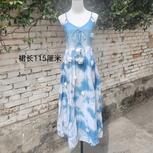 扎染吊带连衣裙女夏蓝色渐变系带长裙度假风气质大理文艺旅拍吊带