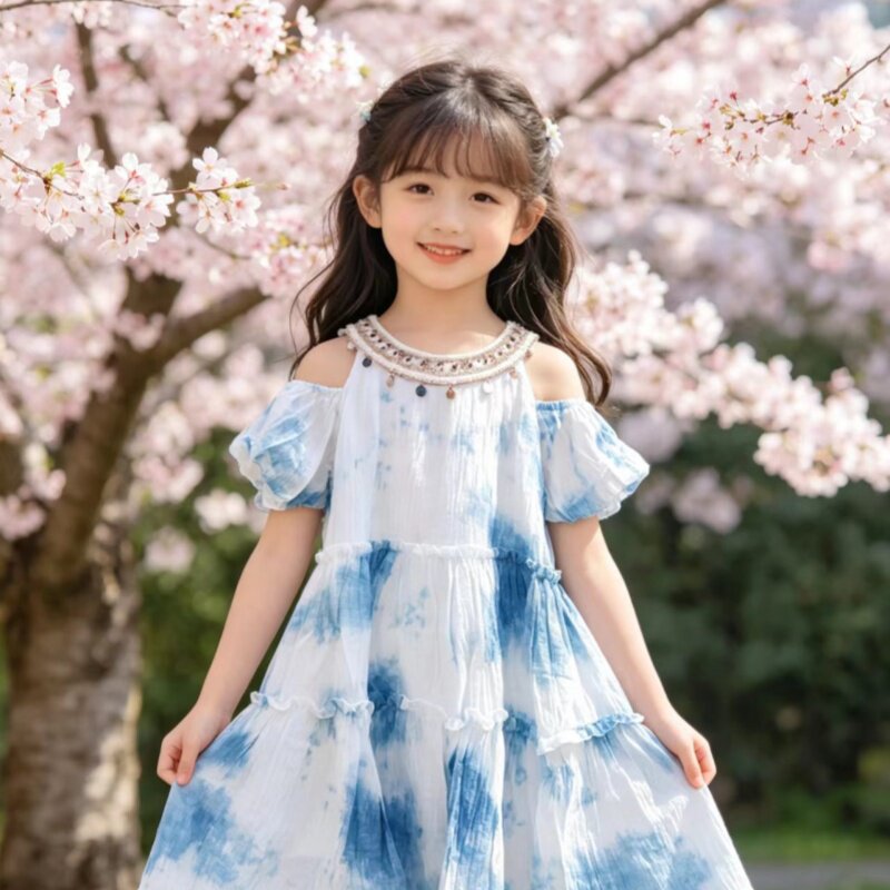 扎染系女童连衣裙夏挂脖露肩泡泡袖蓝色长裙小个子度假风大理民族
