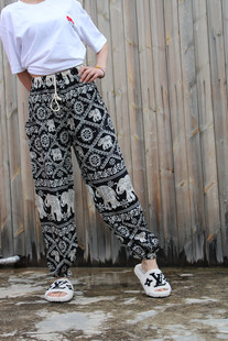 女成人花裤 九分裤 子束脚灯笼裤 棉绸泰国沙滩裤 情侣 薄款 民族风夏季