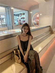 夏季 dressholic黑色蕾丝吊带裙名媛修身 中长款 吊带打底裙连衣裙女