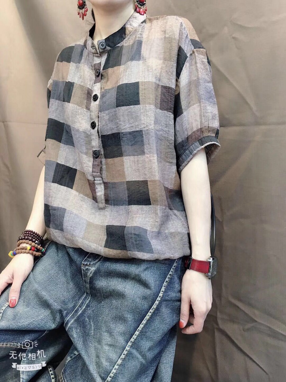 复古文艺2019立领棉麻衬衫女短袖格子宽松大码亚麻套头上衣夏B013|ruв категории Женская одежда, рубашка - от Buy2taobao.com для оказания профессиональной услуги покупки агента Taobao