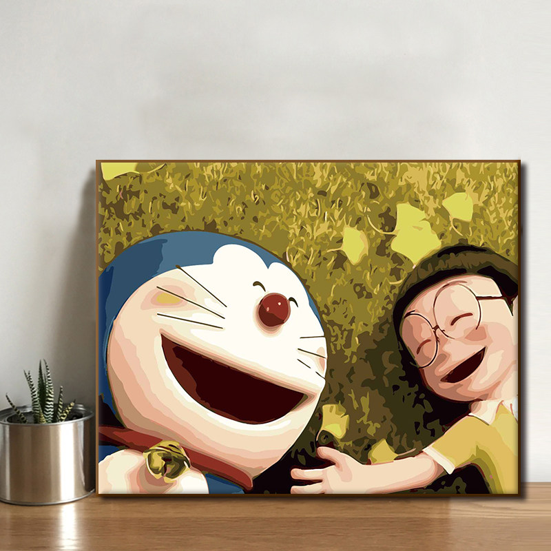 diy数字油画客厅卧室装饰画卡通动漫简约填色手绘画油彩画机器猫