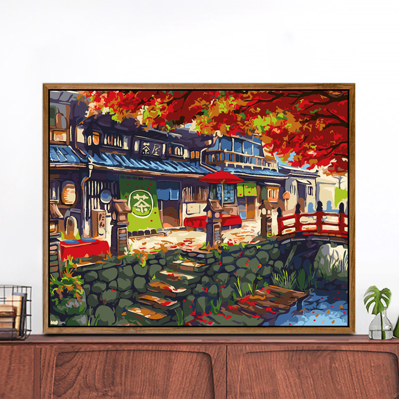 数字油画diy手绘涂色油彩画挂画填充水彩客厅风景装饰画日式茶屋