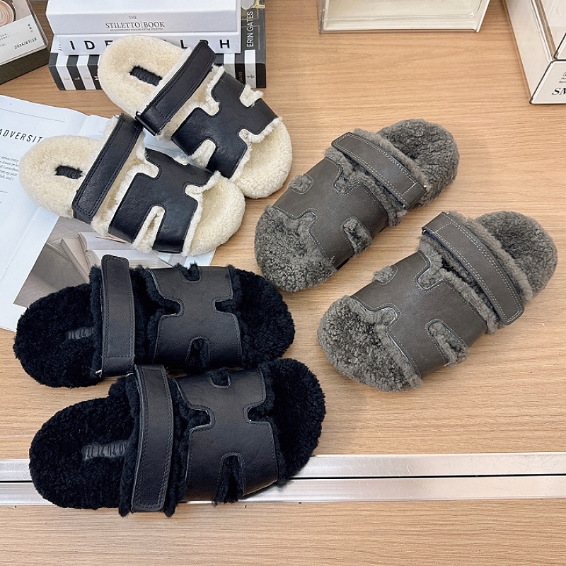 欧洲站2025秋季新款真皮厚底毛毛鞋女时尚外穿羊羔毛懒人一字拖鞋