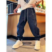 潮流百搭束脚牛仔裤 2025小众明线立体裁剪时尚 简约松紧腰抽绳男士