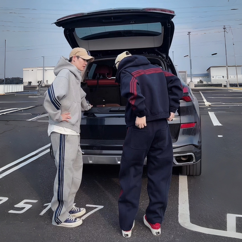 秋季新款男士三条杠连帽套装