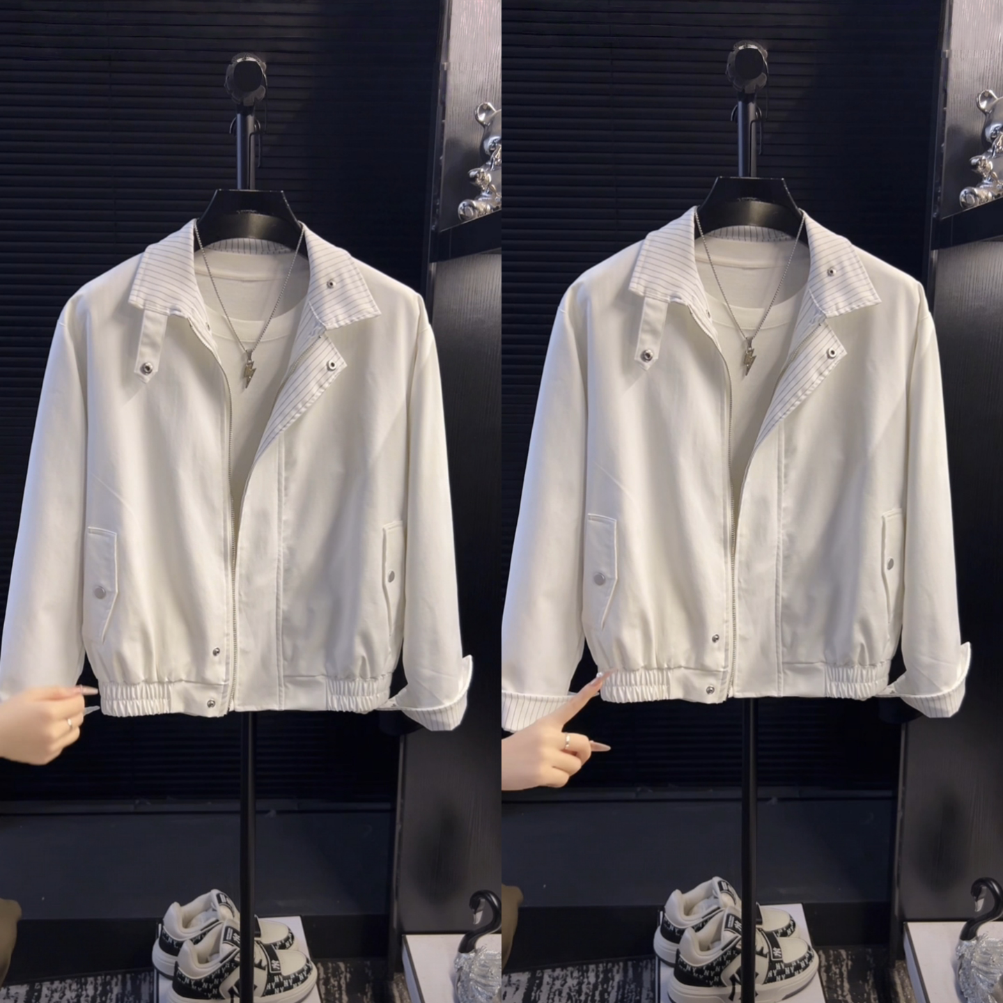 白条纹拼接设计哈灵顿夹克男款春季老钱风穿搭立领外套休闲上衣潮