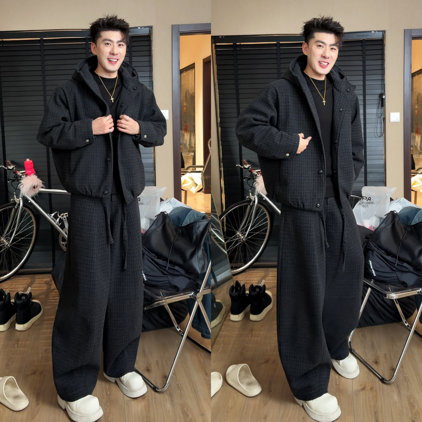 高级感格纹连帽套装男士时尚套装