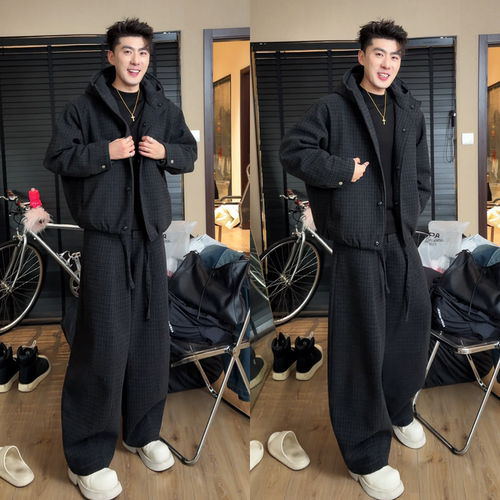 高级感格纹连帽套装男士时尚套装