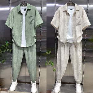 夏季轻薄透气百搭休闲套装男士简约时尚透气衬衫短袖束脚裤两件套