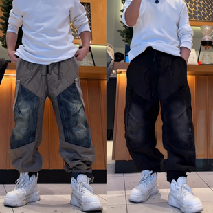 潮牌工装裤男士牛仔拼接时尚束脚休闲裤冬季新款加厚个性痞帅长裤