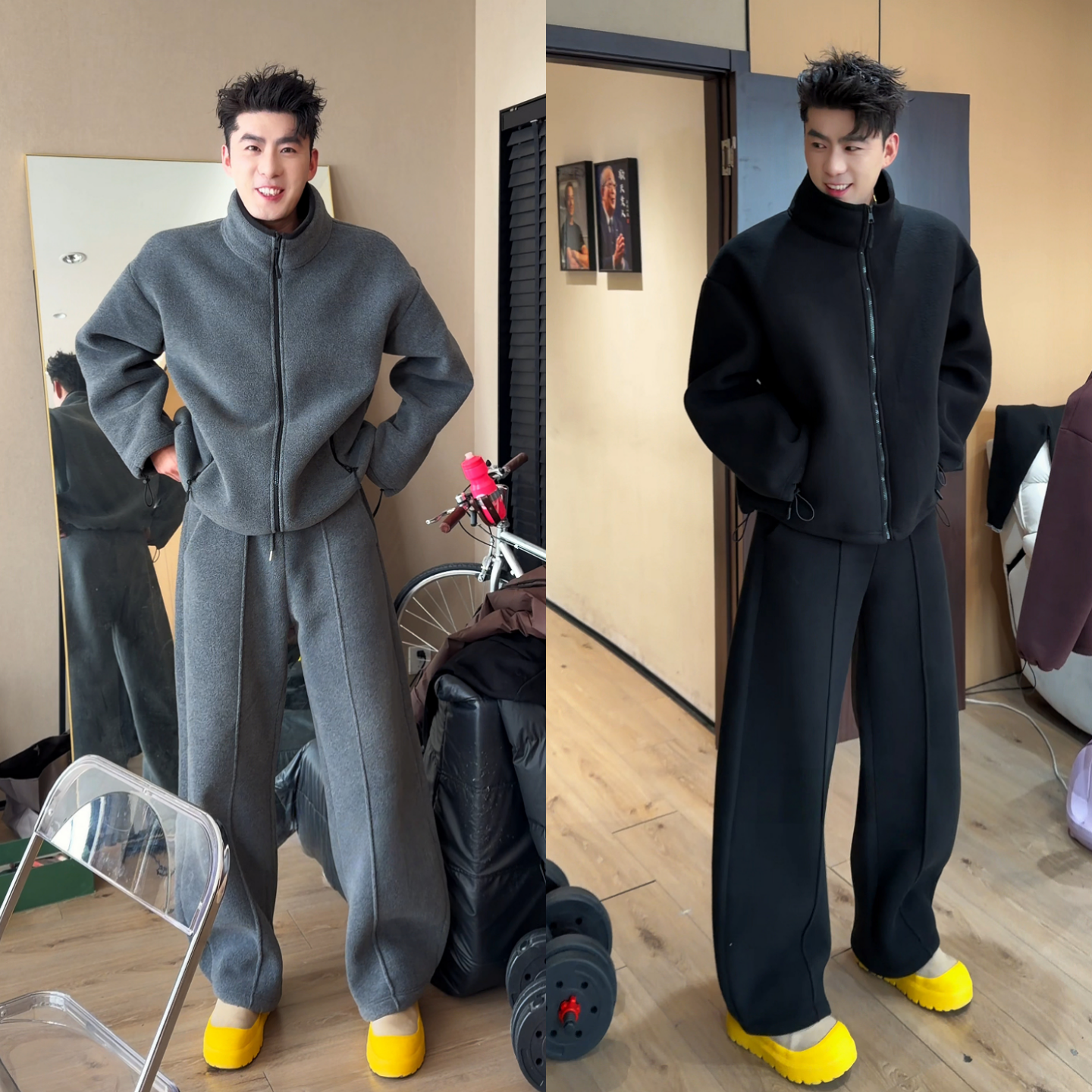 冬季双面绒加厚保暖男士立领套装