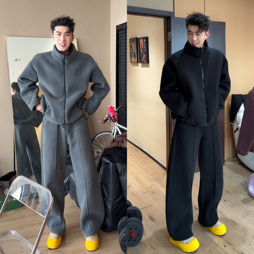 冬季双面绒加厚保暖男士立领套装