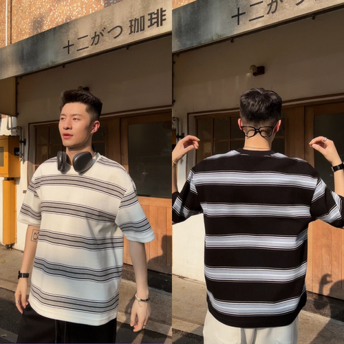 男士撞色条纹短袖T恤透气百搭