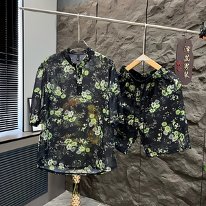 男女同款夏季花卉TT恤休闲套装韩版新款复古风轻薄舒适短袖短裤潮