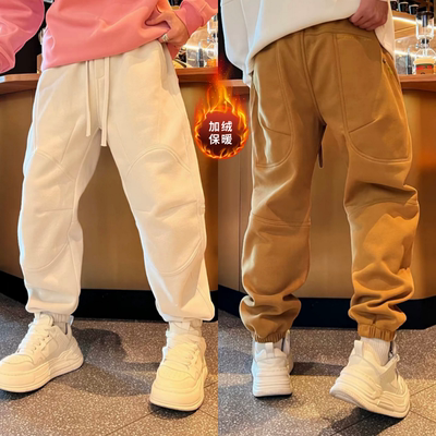 直播间同款冬季百搭休闲时尚潮流个性拼接加绒加厚男士束脚休闲裤